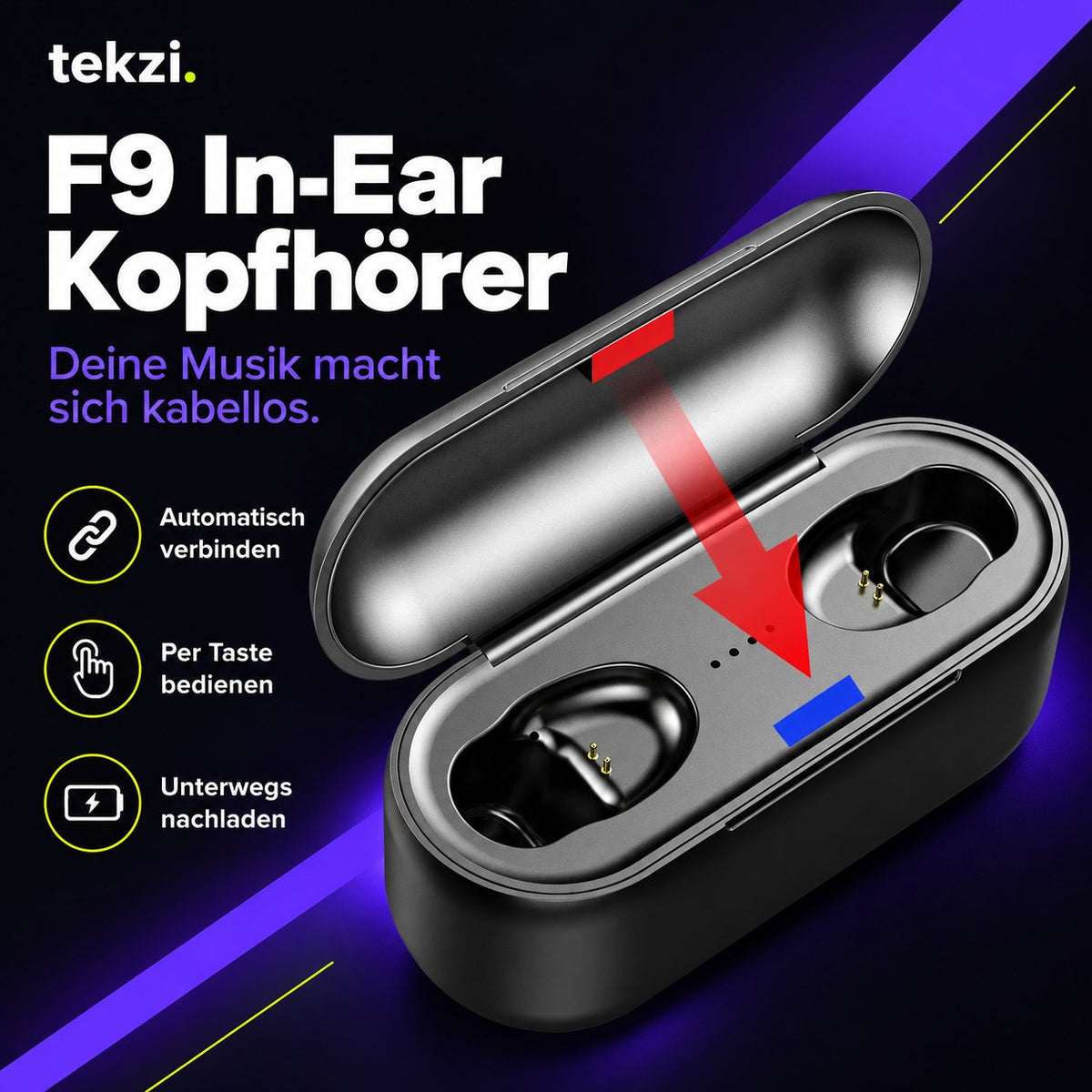 tekzi Kopfhörer F9 In-Ear mit Bluetooth und Ladecase – Schwarz – Produktansicht 2 im TEKZI-Design