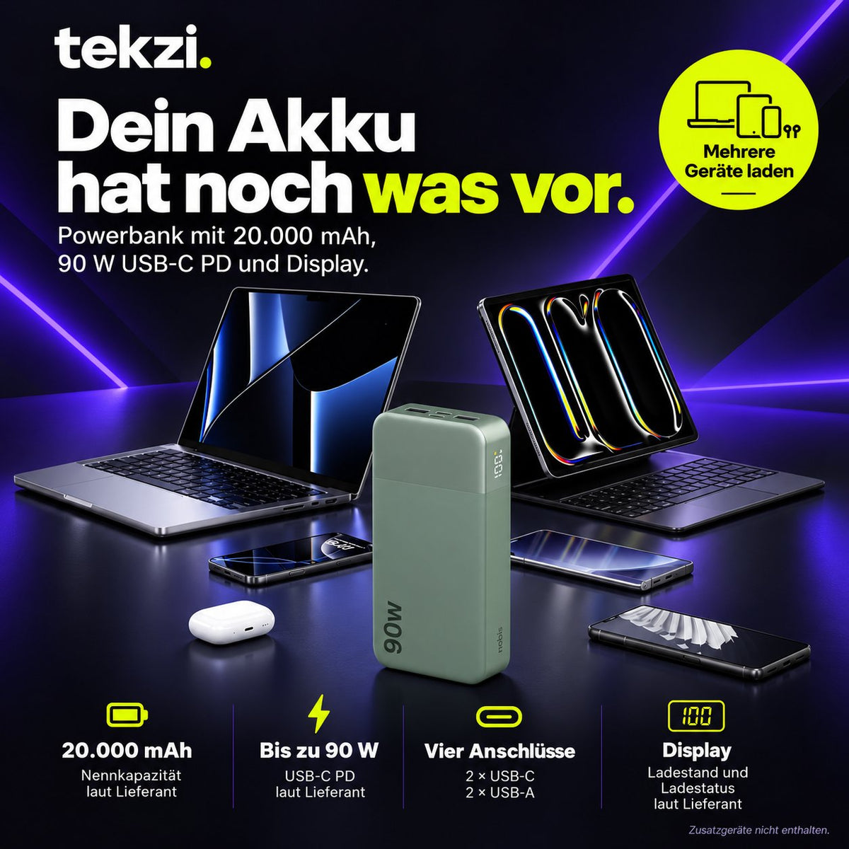 tekzi Powerbank mit 20.000 mAh, 90 W USB-C PD und Display – Produktansicht 8 im TEKZI-Design