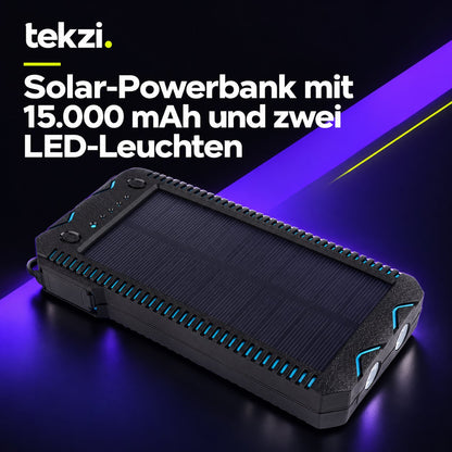 tekzi Solar-Powerbank mit 15.000 mAh und zwei LED-Leuchten – Ansicht 4 im TEKZI-Design