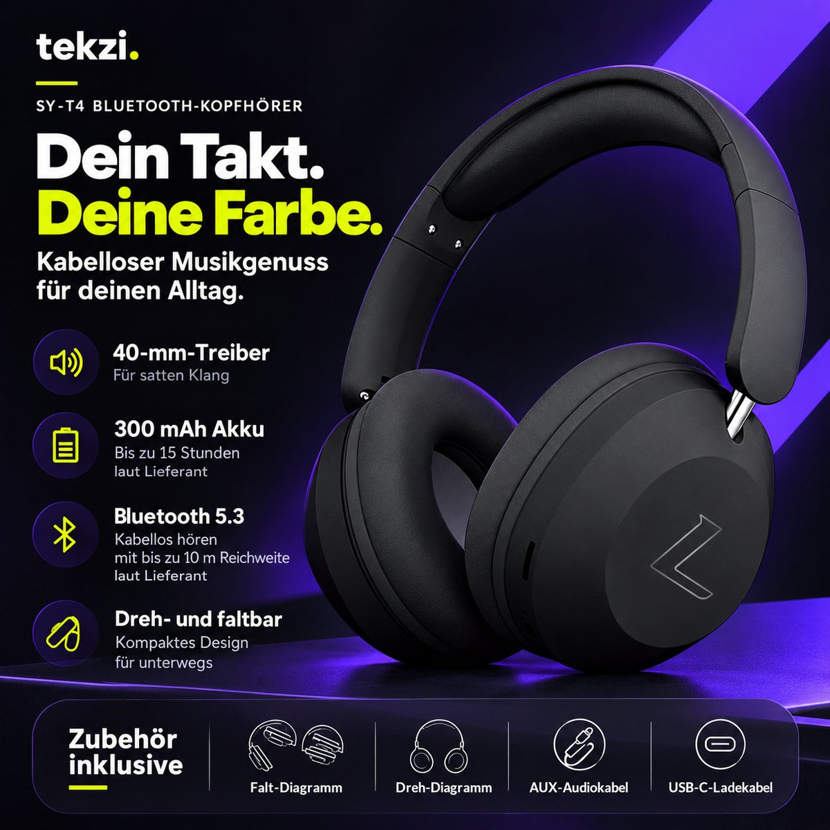 tekzi Kopfhörer SY-T4 mit Bluetooth und 40-mm-Treibern – Produktansicht 5 im TEKZI-Design
