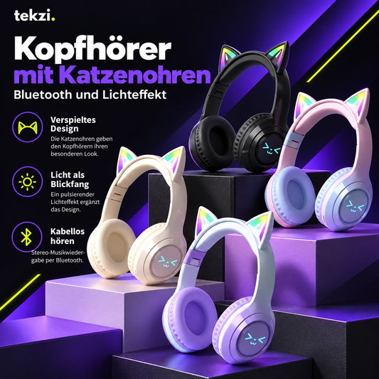 tekzi Kopfhörer mit Katzenohren, Bluetooth und Lichteffekt – Produktansicht 1 im TEKZI-Design