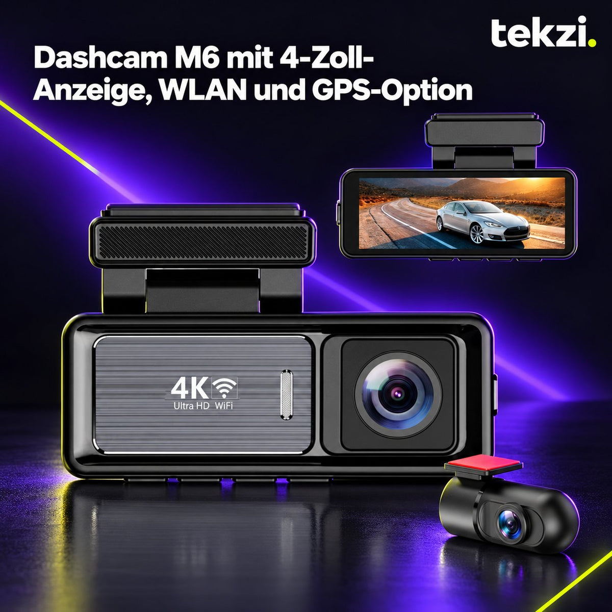 tekzi Dashcam M6 mit 4-Zoll-Anzeige, WLAN und GPS-Option – Ansicht 3 im TEKZI-Design