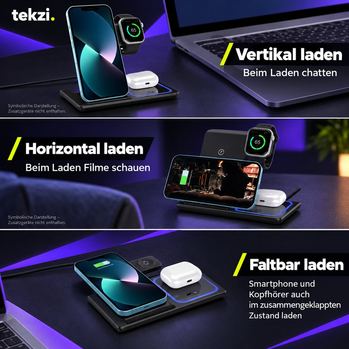 tekzi Ladestation 3-in-1 – faltbar für Smartphone, Watch und AirPods – Produktansicht 3 im TEKZI-Design