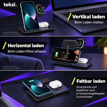 tekzi Ladestation 3-in-1 – faltbar für Smartphone, Watch und AirPods – Produktansicht 3 im TEKZI-Design