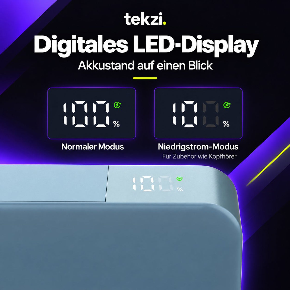 tekzi Powerbank mit 20.000 mAh, 90 W USB-C und LED-Display – Produktansicht 5 im TEKZI-Design