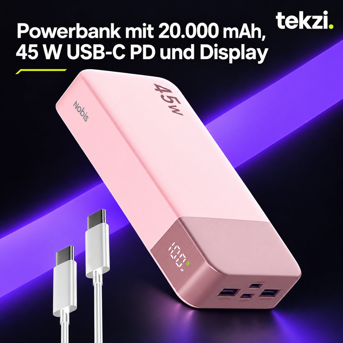 tekzi Powerbank mit 20.000 mAh, 45 W USB-C PD und Display – Ansicht 13 im TEKZI-Design