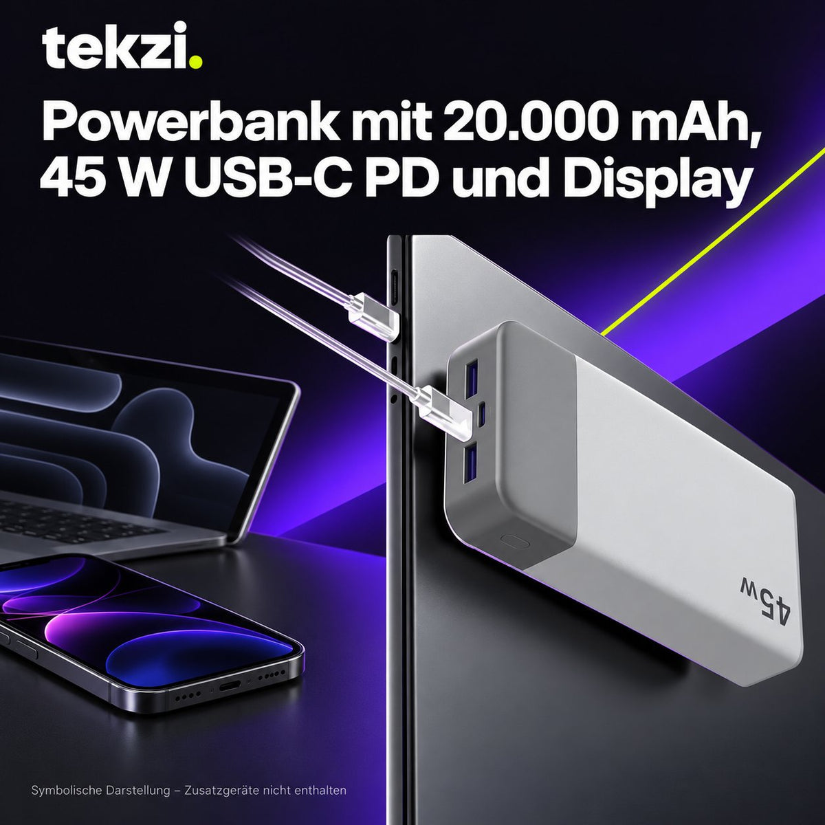 tekzi Powerbank mit 20.000 mAh, 45 W USB-C PD und Display – Ansicht 3 im TEKZI-Design