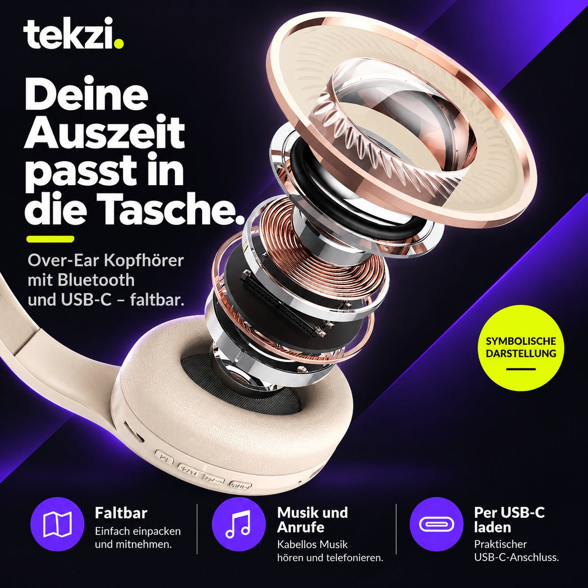 tekzi Kopfhörer Over-Ear mit Bluetooth und USB-C – faltbar – Produktansicht 2 im TEKZI-Design