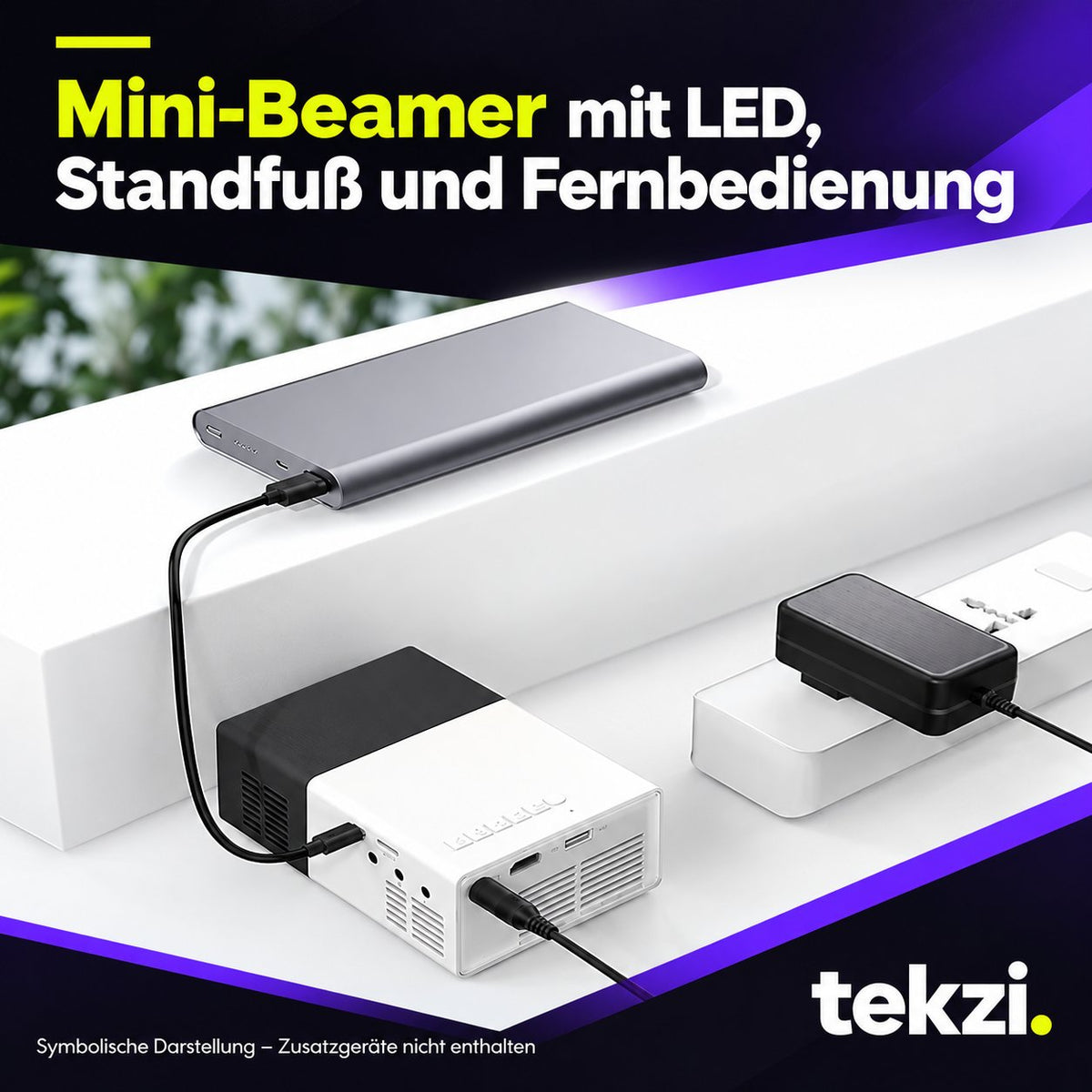 tekzi Mini-Beamer mit LED, Standfuß und Fernbedienung – Ansicht 7 im TEKZI-Design