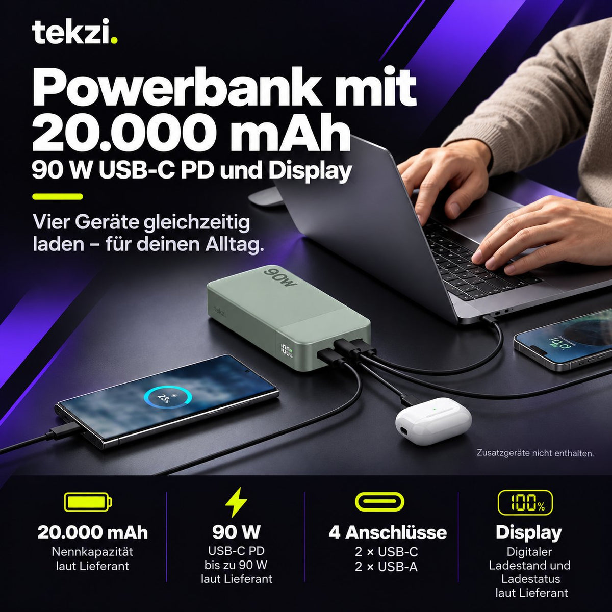 tekzi Powerbank mit 20.000 mAh, 90 W USB-C PD und Display – Produktansicht 3 im TEKZI-Design