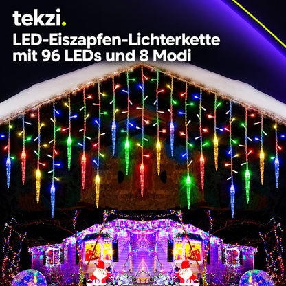 tekzi LED-Eiszapfen-Lichterkette mit 96 LEDs und 8 Modi – Ansicht 1 im TEKZI-Design