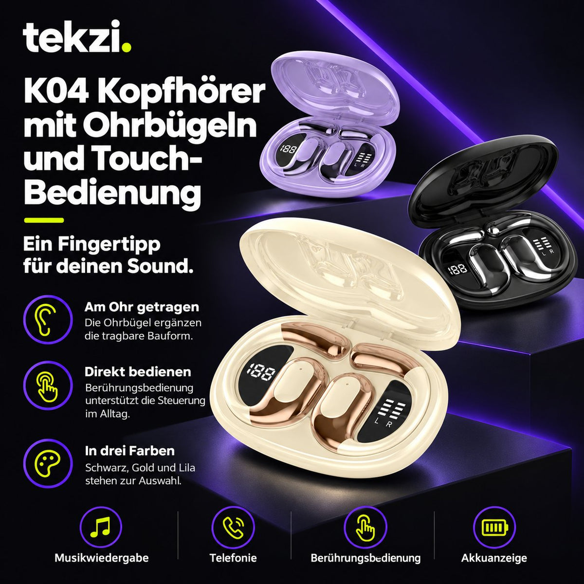 tekzi Kopfhörer K04 mit Ohrbügeln und Touch-Bedienung – Produktansicht 4 im TEKZI-Design