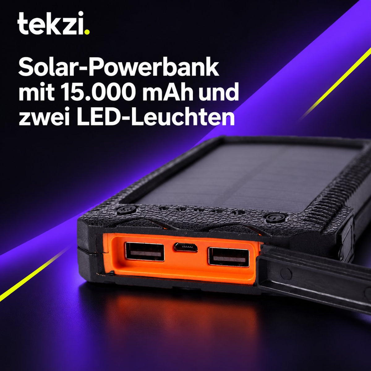 tekzi Solar-Powerbank mit 15.000 mAh und zwei LED-Leuchten – Ansicht 2 im TEKZI-Design