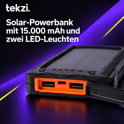tekzi Solar-Powerbank mit 15.000 mAh und zwei LED-Leuchten – Ansicht 2 im TEKZI-Design