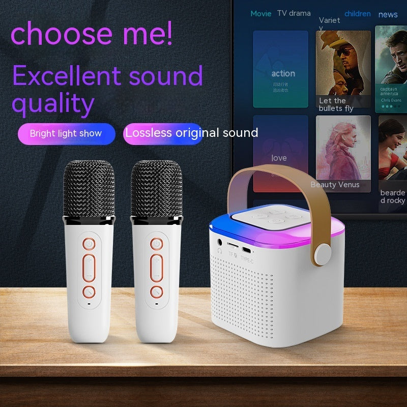 Weißer Karaoke-Lautsprecher Y1 mit zwei Funkmikrofonen und sichtbaren Originalanschlüssen im TEKZI-Design