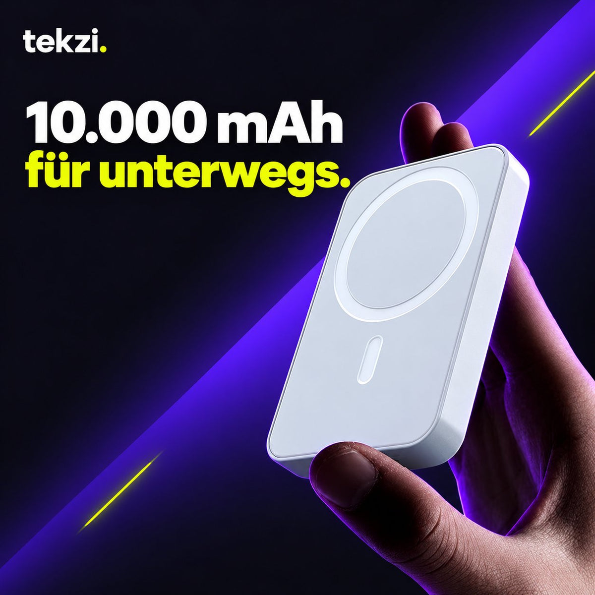tekzi Powerbank mit 10.000 mAh – magnetisch und kabellos – Produktansicht im TEKZI-Design