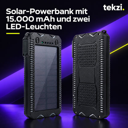 tekzi Solar-Powerbank mit 15.000 mAh und zwei LED-Leuchten – Ansicht 9 im TEKZI-Design