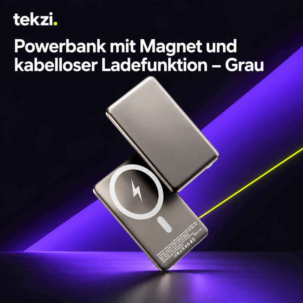 tekzi Powerbank mit Magnet und kabelloser Ladefunktion – Grau – Ansicht 2 im TEKZI-Design