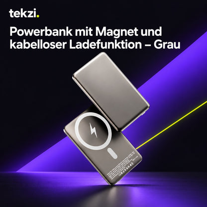 tekzi Powerbank mit Magnet und kabelloser Ladefunktion – Grau – Ansicht 2 im TEKZI-Design