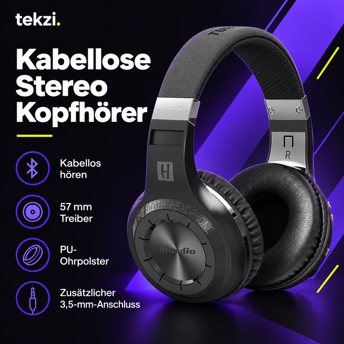 tekzi Kopfhörer Stereo mit 57-mm-Treibern – Weiß – Produktansicht 4 im TEKZI-Design