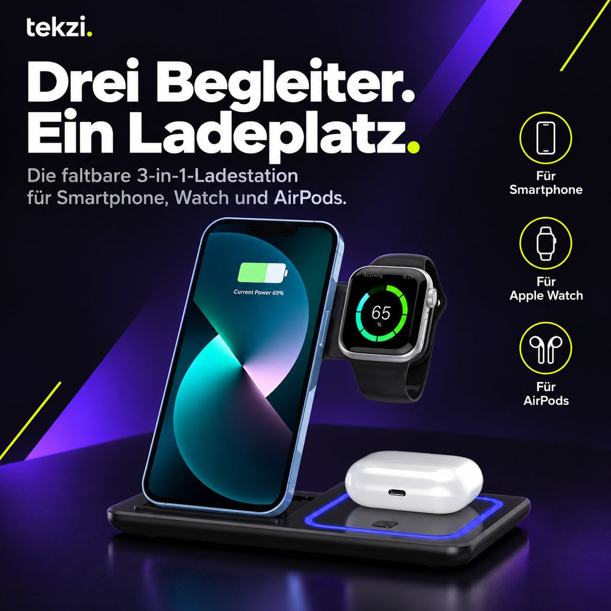 tekzi Ladestation 3-in-1 – faltbar für Smartphone, Watch und AirPods – Produktansicht 2 im TEKZI-Design