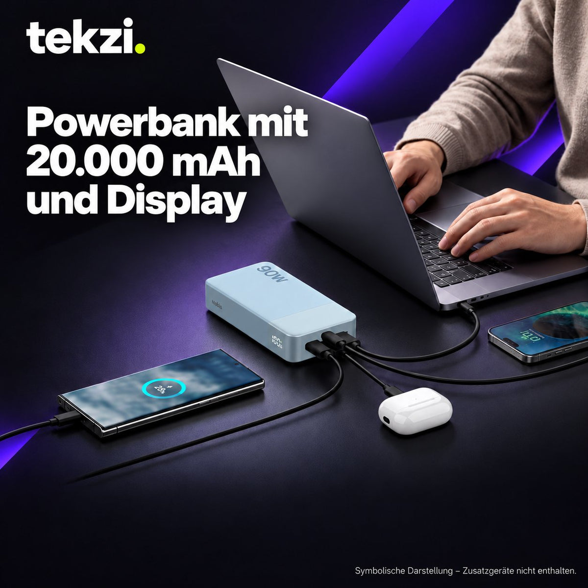 tekzi Powerbank mit 20.000 mAh, 90 W USB-C und LED-Display – Ansicht 3 im TEKZI-Design