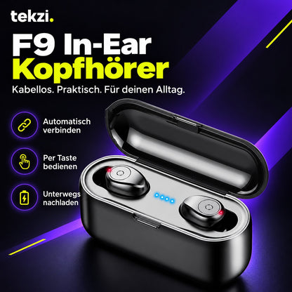 tekzi Kopfhörer F9 In-Ear mit Bluetooth und Ladecase – Schwarz – Produktansicht 3 im TEKZI-Design