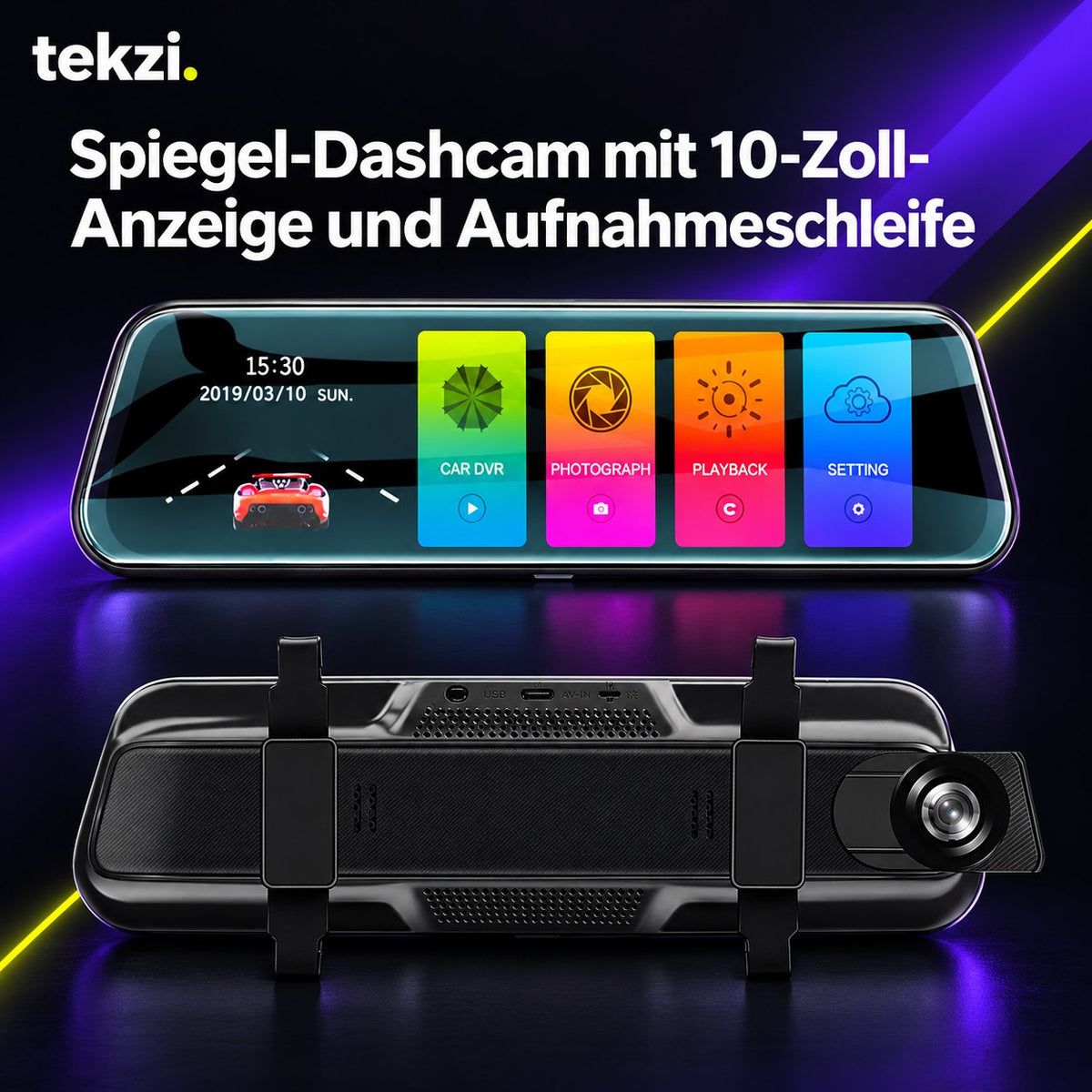 tekzi Spiegel-Dashcam mit 10-Zoll-Anzeige und Aufnahmeschleife – Ansicht 3 im TEKZI-Design