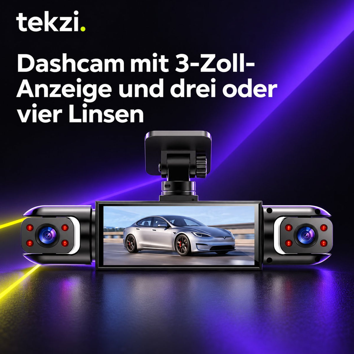 tekzi Dashcam mit 3-Zoll-Anzeige und drei oder vier Linsen – Ansicht 4 im TEKZI-Design