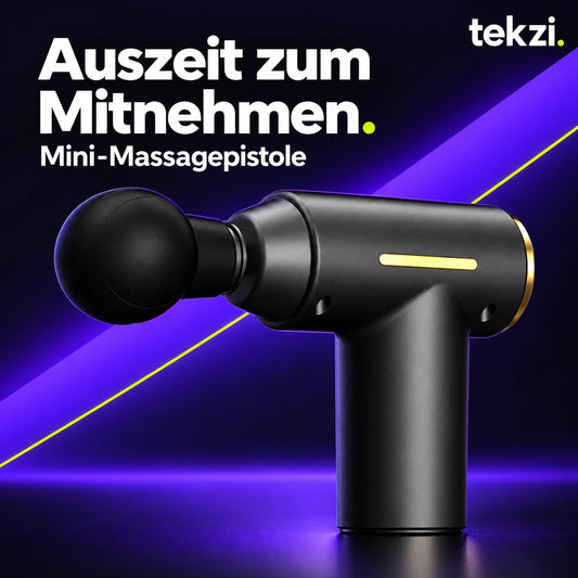 Schwarze Mini-Massagepistole mit goldfarbenen Akzenten und Kugelaufsatz im TEKZI-Design