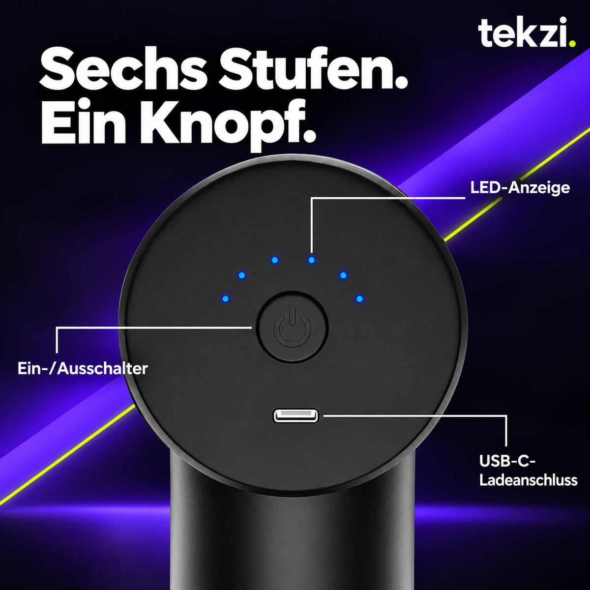 Windaily Mini-Massagepistole, Bedienfeld mit sechs LEDs, Ein-/Ausschalter und USB-C-Ladeanschluss
