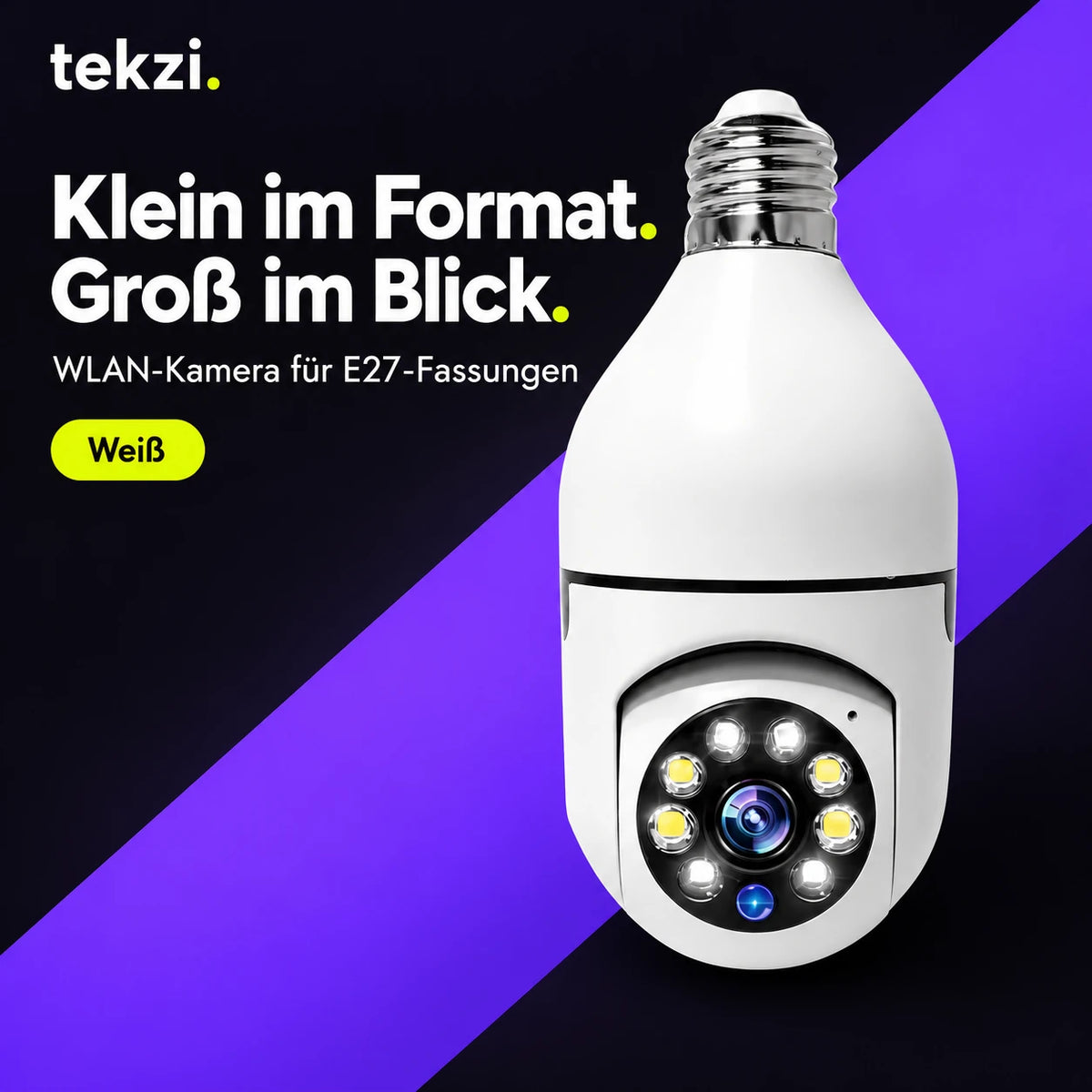 Weiße WLAN-Kamera für E27-Fassungen im deutschen Schwarz-Violett-Neongelb-Design von TEKZI