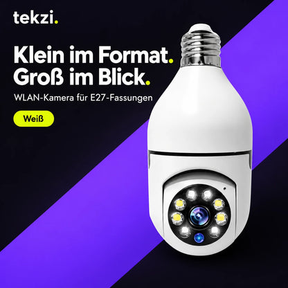 Weiße WLAN-Kamera für E27-Fassungen im deutschen Schwarz-Violett-Neongelb-Design von TEKZI