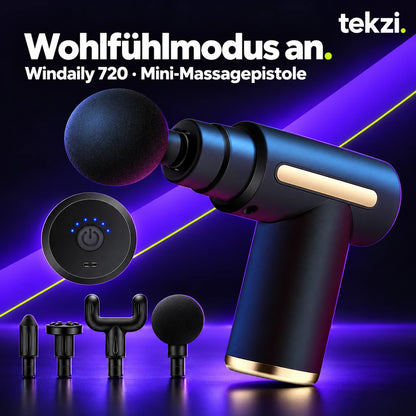 Schwarze Windaily Mini-Massagepistole mit Aufsätzen im TEKZI-Design