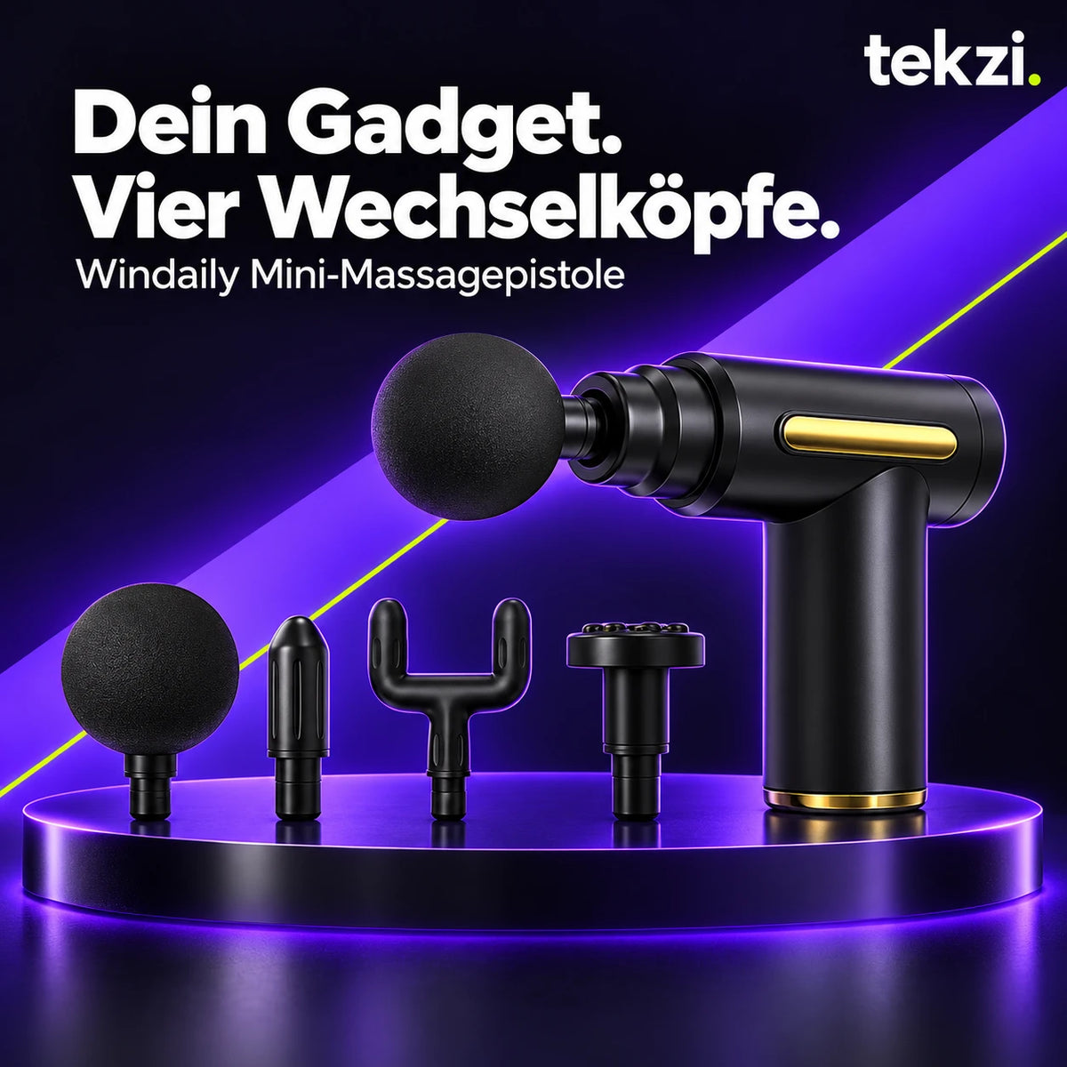 Windaily Mini-Massagepistole mit vier Wechselkopf-Formen im TEKZI-Design