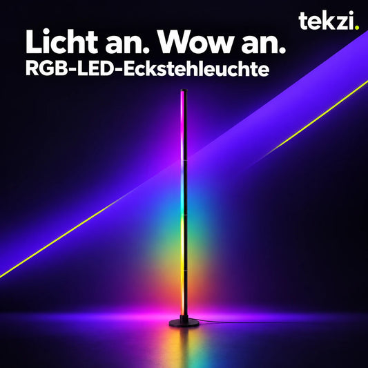 Schmale RGB-LED-Eckstehleuchte mit Rundfuß und Farbverlauf im TEKZI-Design