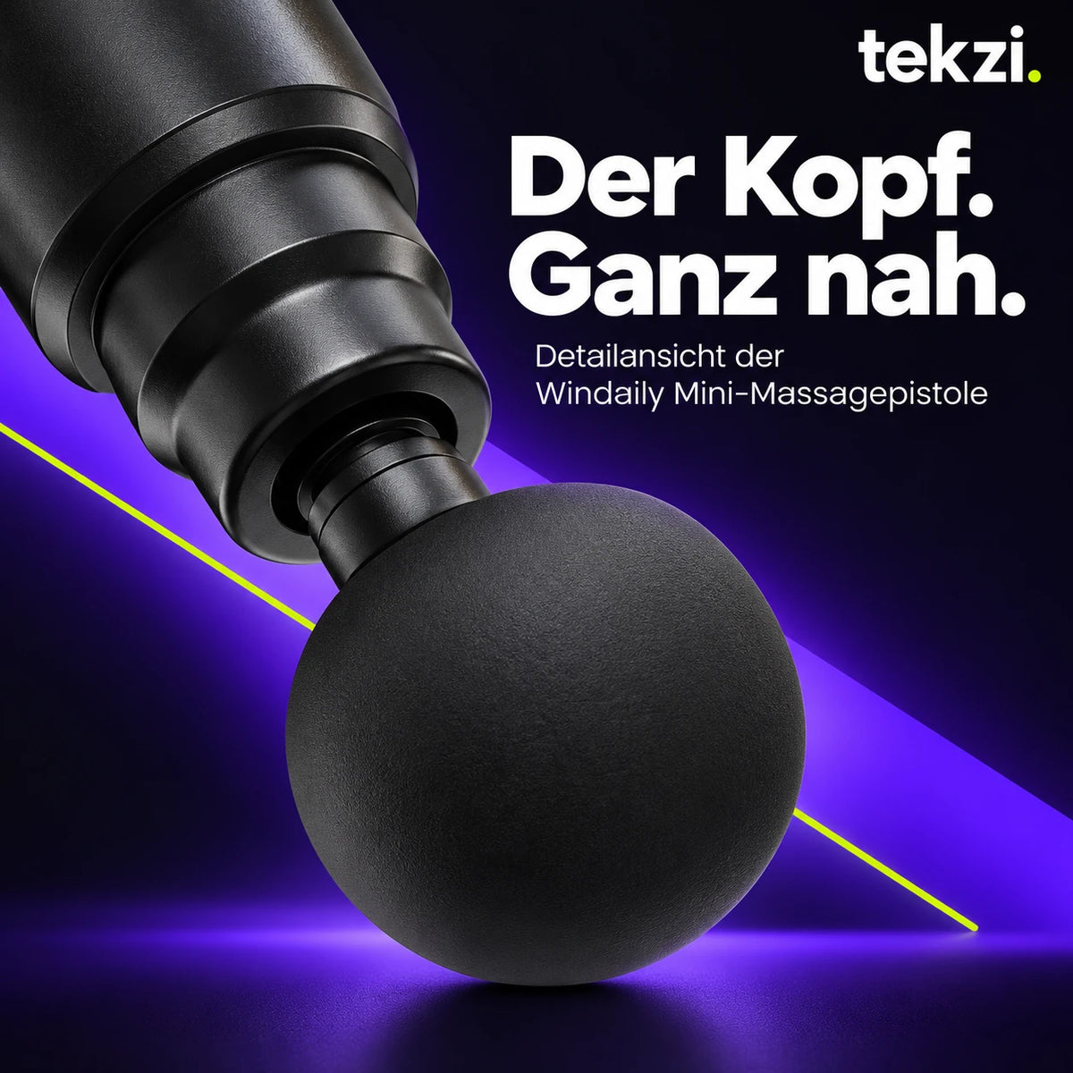 Kopfaufnahme und Kugelkopf der Windaily Mini-Massagepistole in Nahansicht, TEKZI-Design