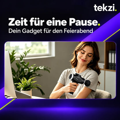 foreverlily Massagepistole mit Kugelkopf am Oberarm, Pausenmotiv im TEKZI-Design