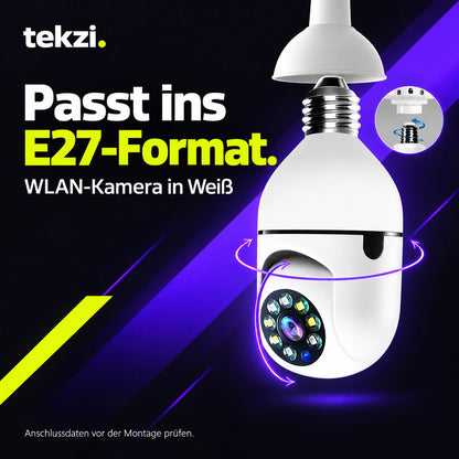 Weiße WLAN-Kamera im E27-Format mit Anschlussdetail – TEKZI