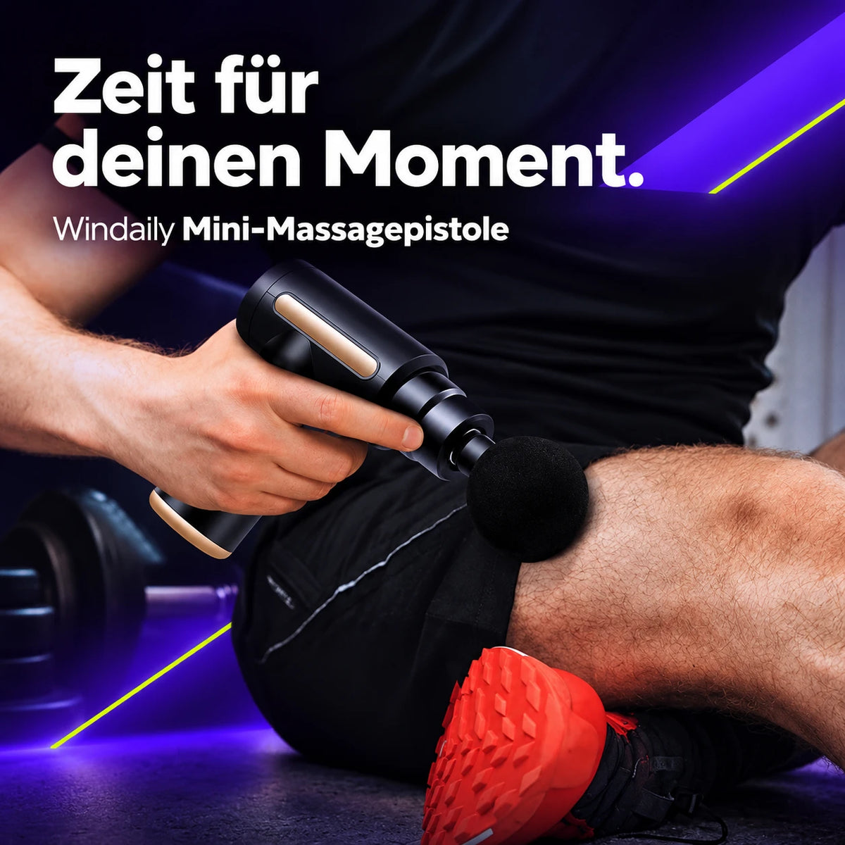 Windaily Mini-Massagepistole am Oberschenkel im Einsatz, TEKZI-Motiv