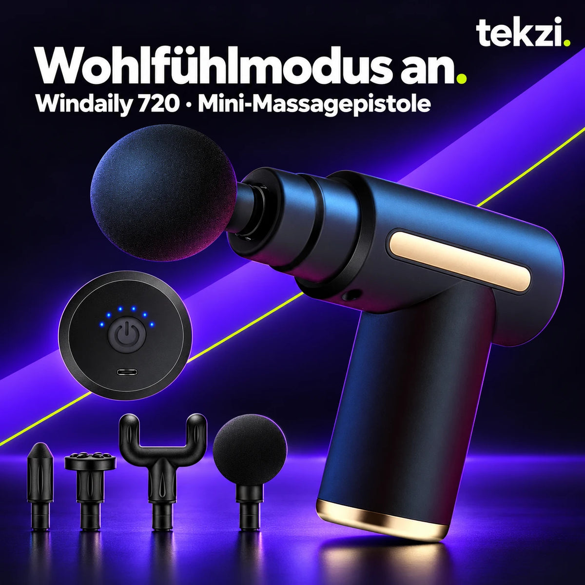 Schwarze Windaily Mini-Massagepistole mit Aufsätzen im TEKZI-Design