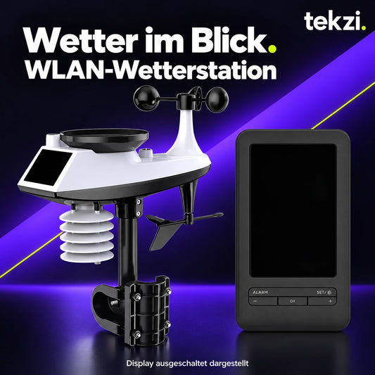 WLAN-Wetterstation mit Außensensor und ausgeschaltet dargestelltem Display im TEKZI-Design