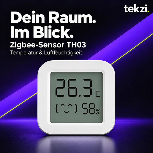 Weißer Zigbee-Sensor TH03 für Temperatur und Luftfeuchtigkeit im TEKZI-Design