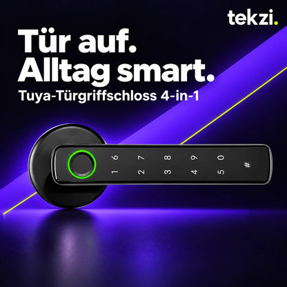 Schwarzes Tuya-Türgriffschloss mit Fingerabdrucksensor und Zahlenfeld im TEKZI-Design