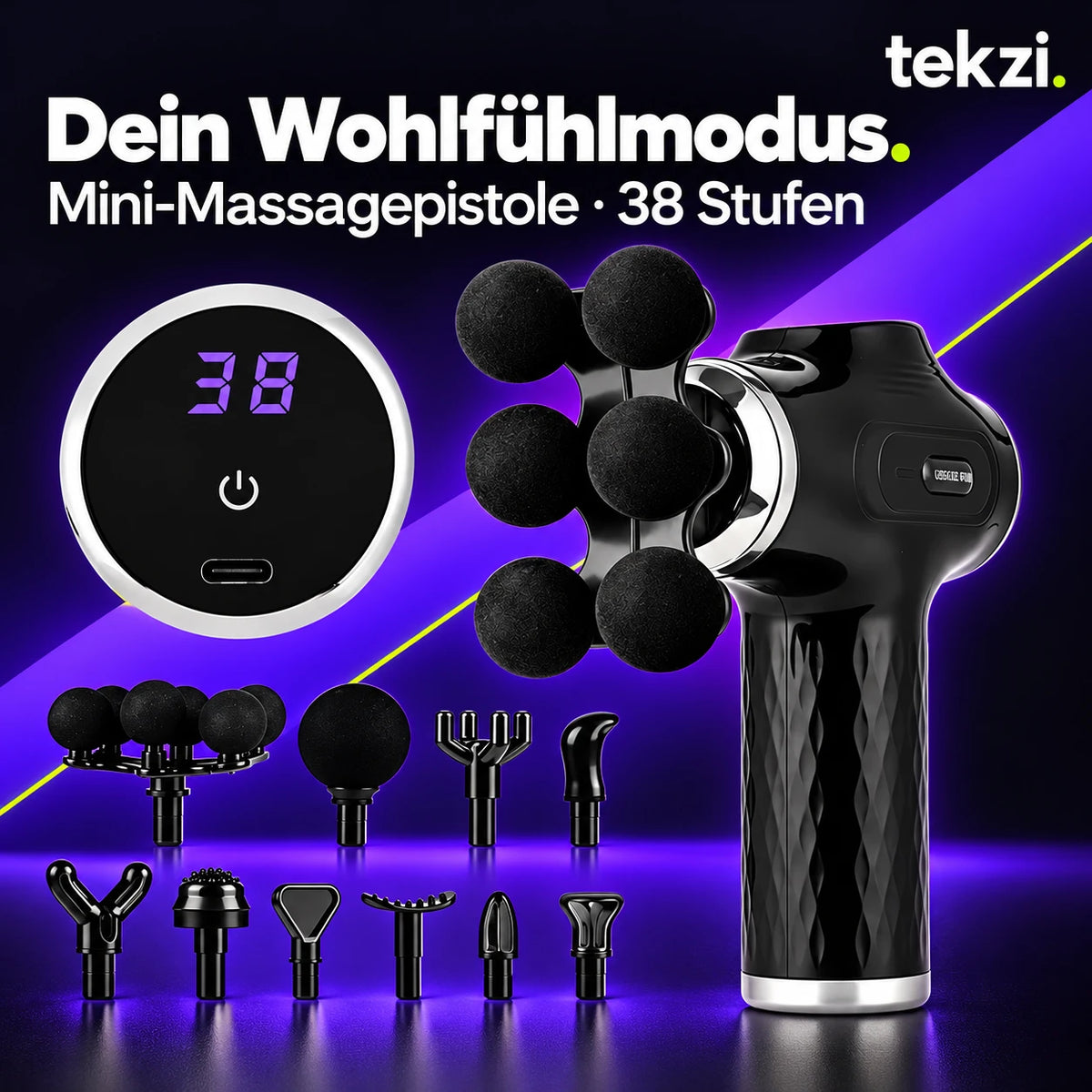 Schwarze foreverlily Mini-Massagepistole mit wechselbaren Aufsätzen im TEKZI-Design