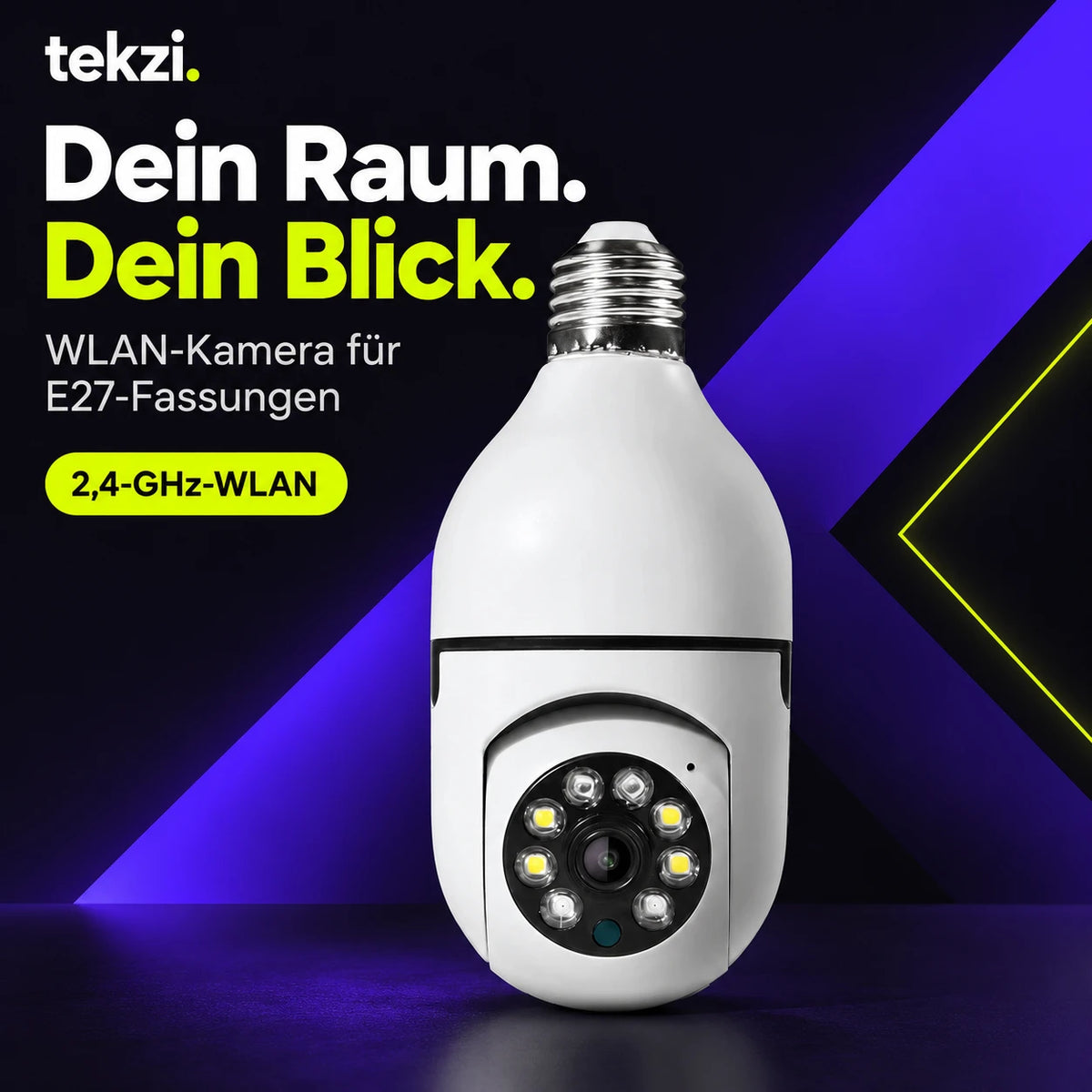 Weiße WLAN-Kamera für E27-Fassungen mit 2,4-GHz-WLAN im Schwarz-Violett-Neongelb-Design von TEKZI