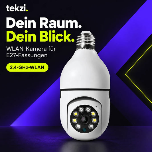 Weiße WLAN-Kamera für E27-Fassungen mit 2,4-GHz-WLAN im Schwarz-Violett-Neongelb-Design von TEKZI