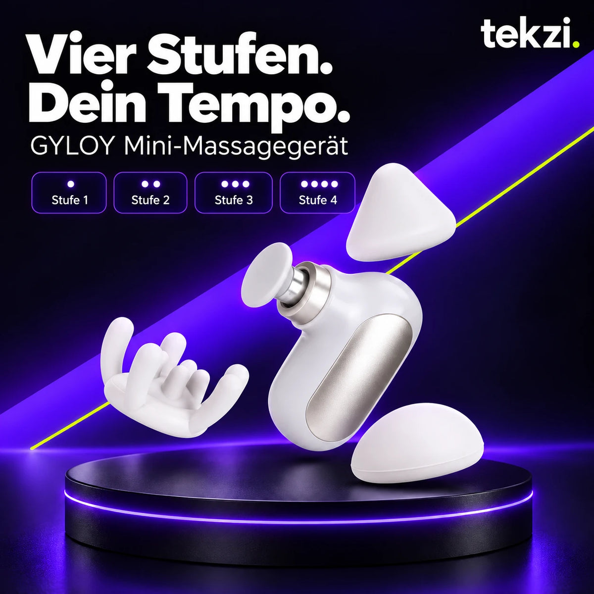 GYLOV Mini-Massagegerät mit drei losen Aufsatzformen – neutrale TEKZI-Produktansicht