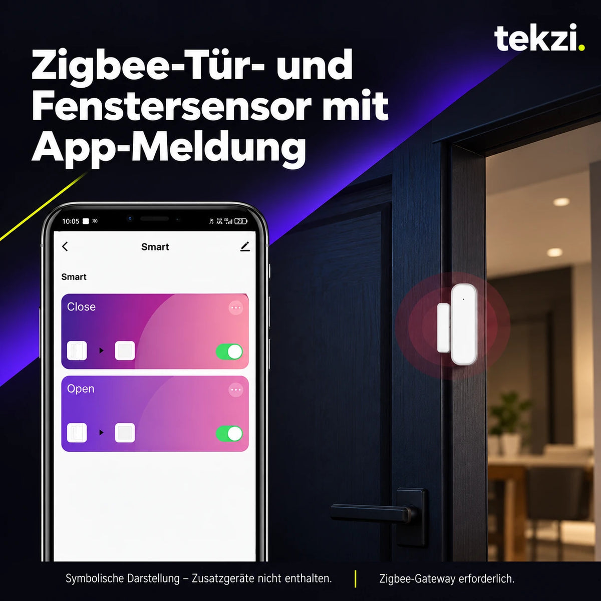 tekzi Zigbee-Tür- und Fenstersensor mit App-Meldung – Ansicht 2 im TEKZI-Design