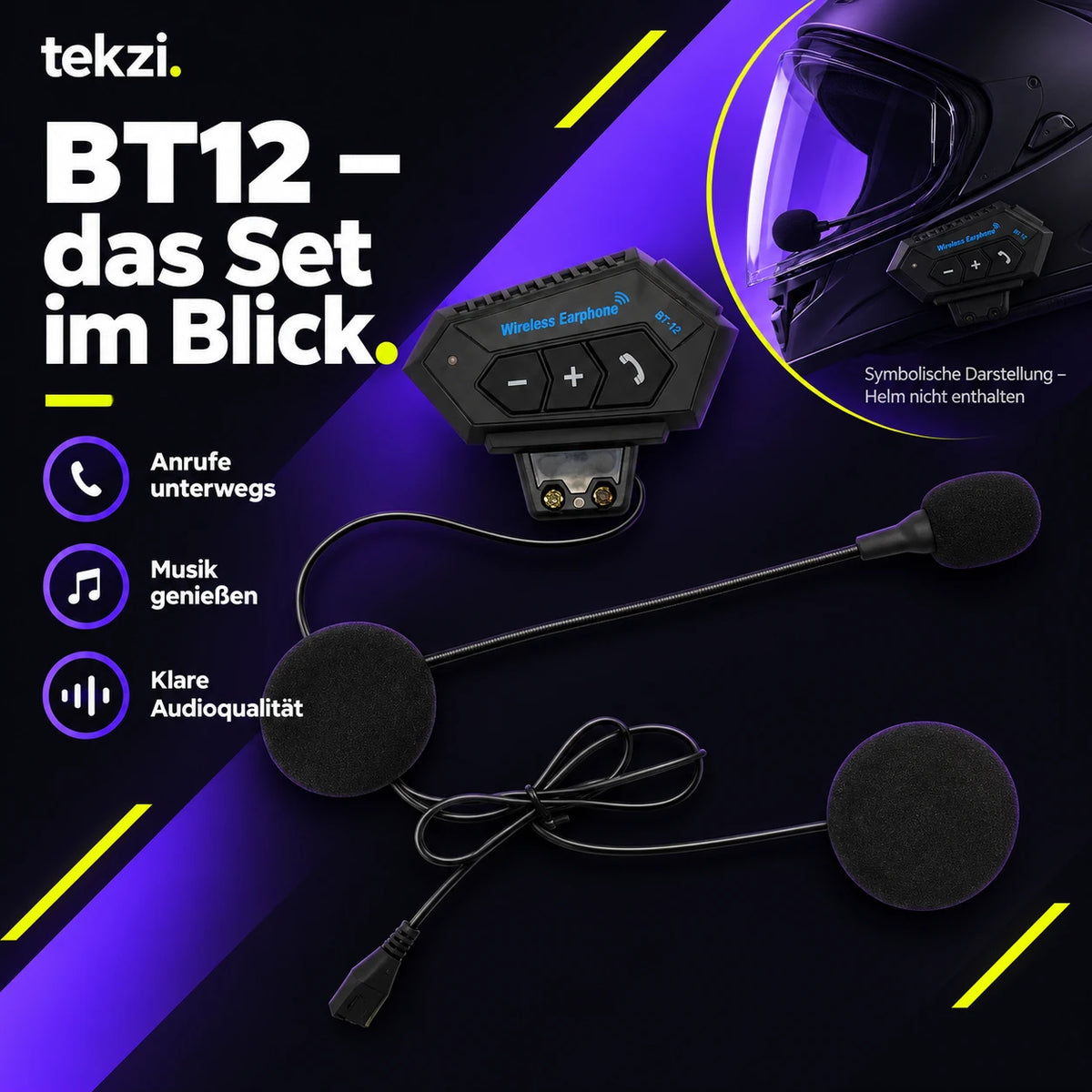 tekzi Motorradhelm-Headset BT12 mit Bluetooth 5.4 und Mikrofon – Produktansicht im TEKZI-Design